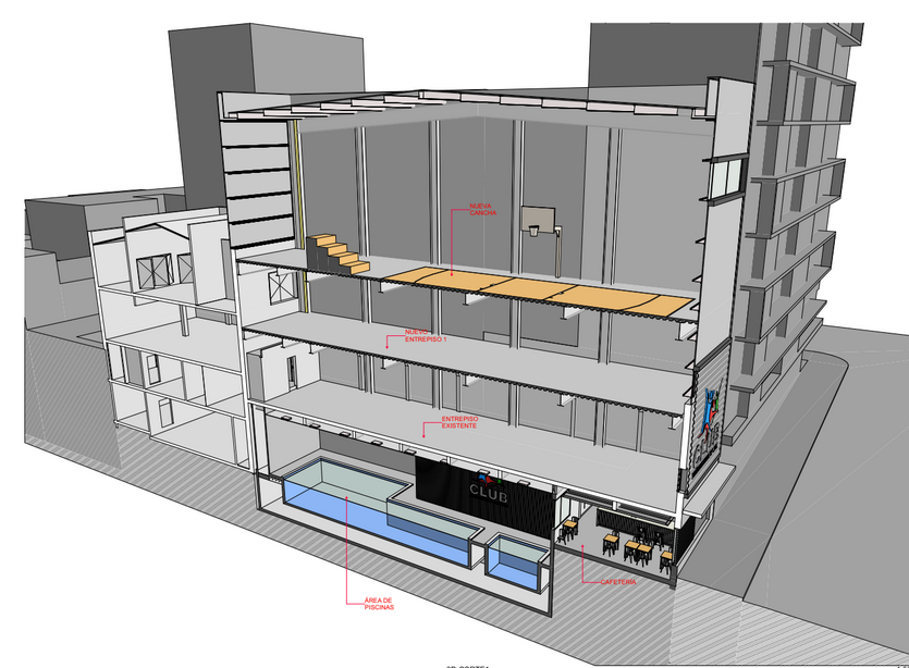 Render 3D corte — área de piscinas, entrepiso y cafetería