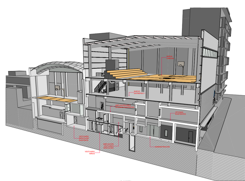 Render 3D corte estructural — vestuarios, administración, nuevo entrepiso y nueva cancha